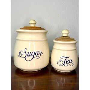 Vintage Ceramic Sugar Tea Canister Set Cream Blue Script Wood Lids Kitchen Decor